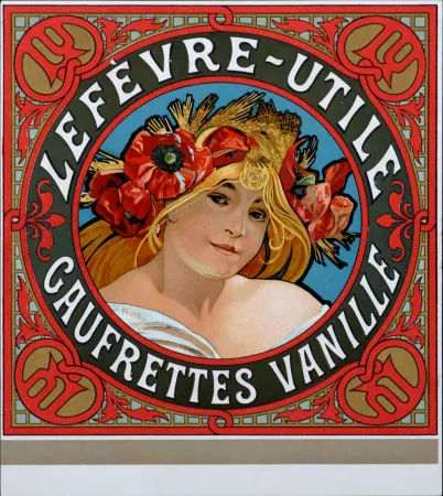 Lithograph Mucha - Lefèvre-Utile, Gaufrettes vanille - Lithograph enhanced with golden ink (Very scarce!)