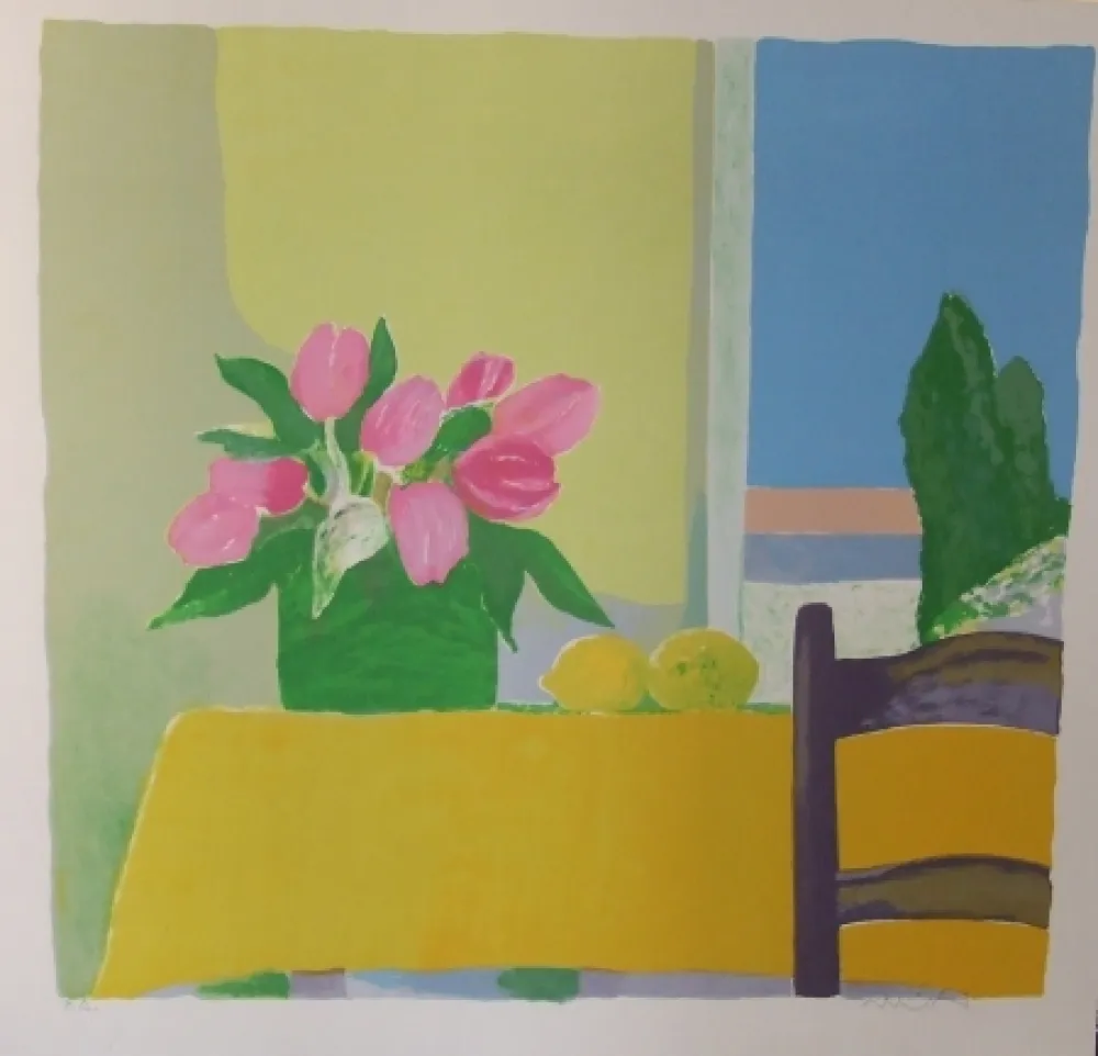 Lithograph Muhl - Les tulipes jaunes.