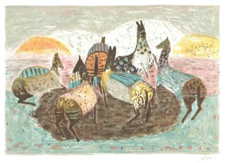 Lithograph Music - Spielende pferde