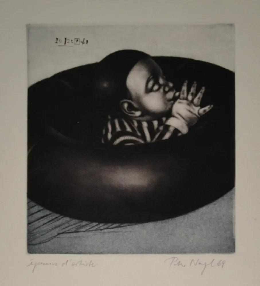 Aquatint Nagel - Junge im schwarzen Schlauchboot