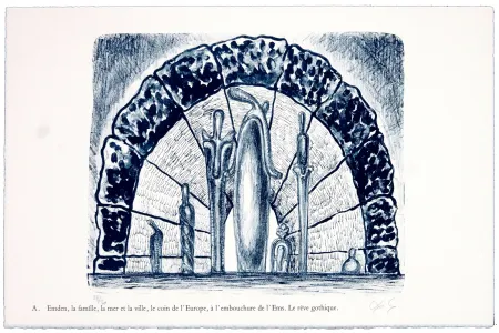 Lithograph Nørgaard - A. Emden, la famille, la mer et la ville, le coin de l'Europe, l'embouchure de l'Ems. Le rêve gothique