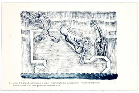 Lithograph Nørgaard - B. La mer de la peine, l'architecture de la tristesse, les parents gêlent en leur impuissance, l'enfant dans le poisson, plancher couvert d'eau tandis que tout est transformé en or 