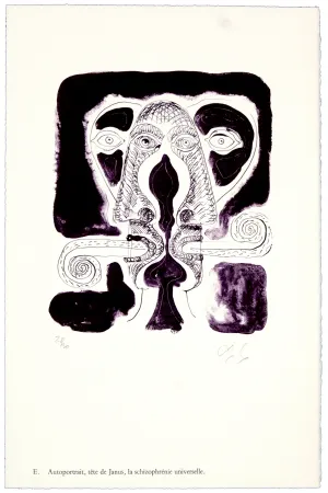 Lithograph Nørgaard - E. Autoportrait, tête de Janus, la schizophrénie universelle.