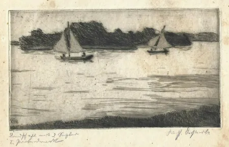 Drypoint Oesterle - Landschaft mit 2 Seglern
