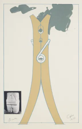 Screenprint Oldenburg - Proposal for a Colossal Structure in the Form of a Clothespin-Compared to Brancusi's Kiss