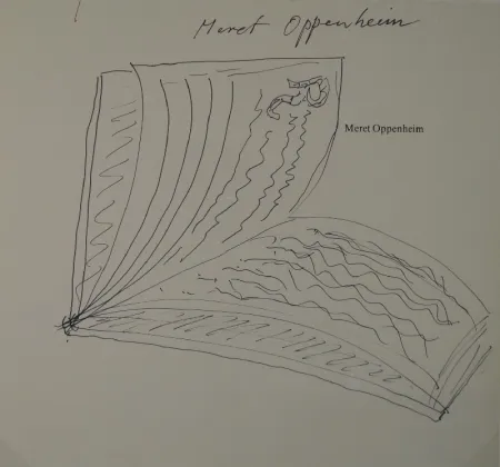No Technical Oppenheim - Widmungszeichnung eines aufgeschlagenen Buches mit Initial R. auf dem Vortitel eines Buchs mit gedrucktem Namen “Meret Oppenheim“