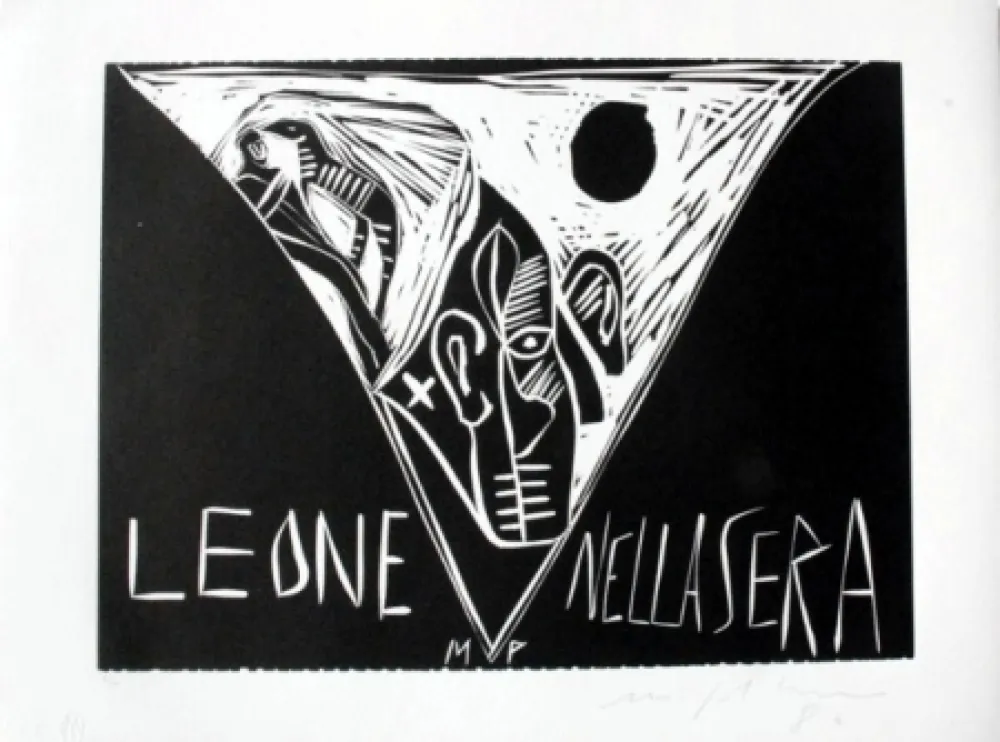 Linocut Paladino - Terra tonda africana 1 - Leone nella sera