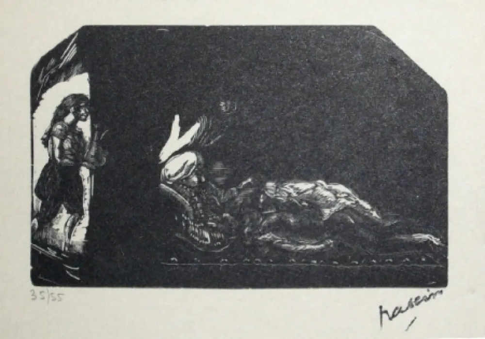 Woodcut Pascin - Fille avec fleur et scene de Harem
