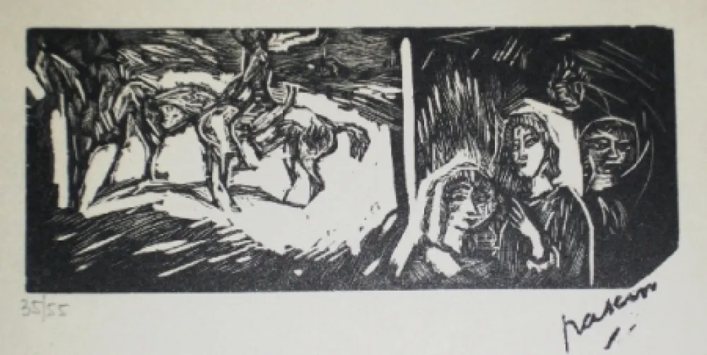 Woodcut Pascin - Filles et cavaliers