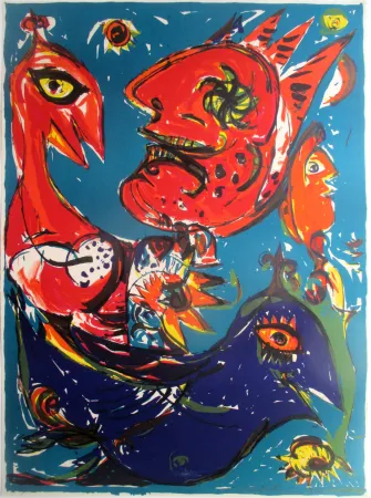 Lithograph Pedersen - Les Oiseaux rouge et bleu