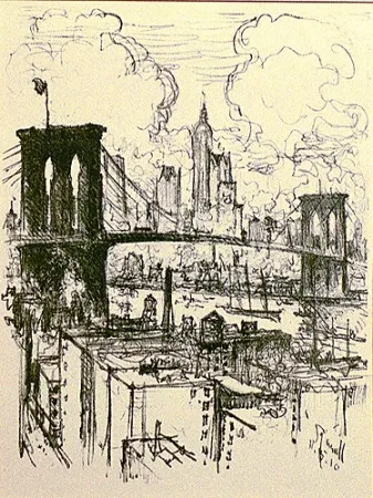 Lithograph Pennell - Brooklyn Bridge