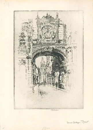 Etching Pennell - Grosse horloge, Rouen