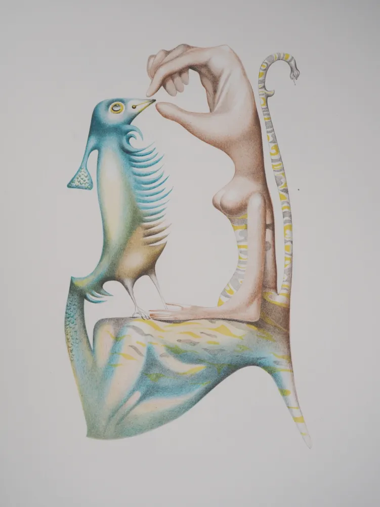 Lithograph Pérahim - L'Alphabet Hébreu : Homme et oiseau