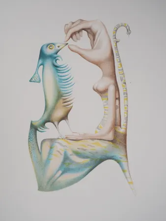 Lithograph Pérahim - L'Alphabet Hébreu : Homme et oiseau