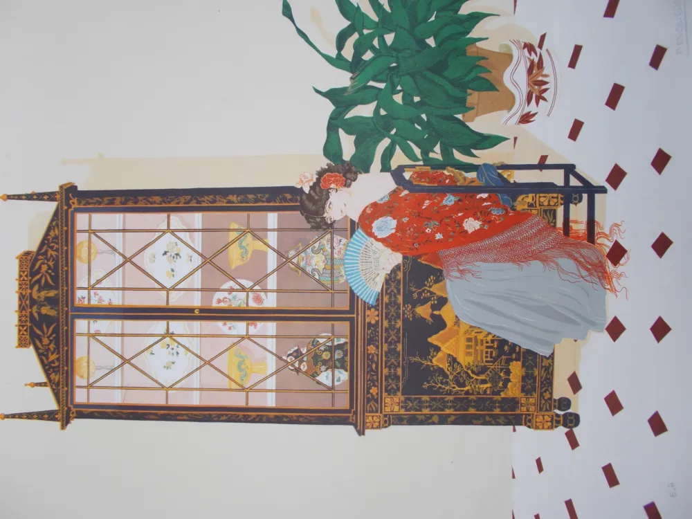 Lithograph Pescalera - La femme à l'éventail