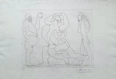 Etching Picasso - Bacchanale au hibou et au jeune homme masqué