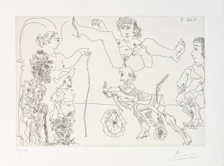 Etching Picasso - Da Le Cocu Maquifique: Femme equilib­riste enlevee par un vieillard barbu a bicyclette devant le cocu et des spectateurs