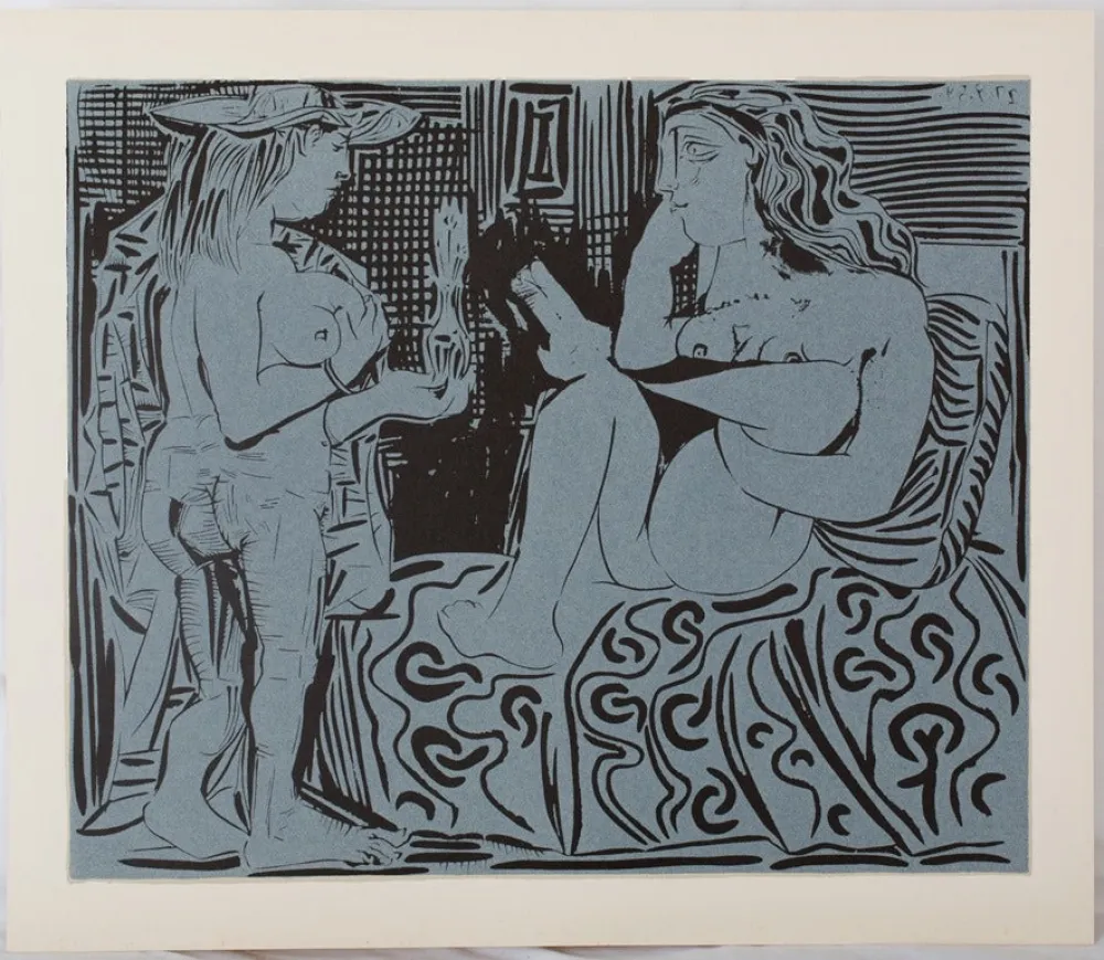 Linocut Picasso - Deux femmes au flacon de parfum
