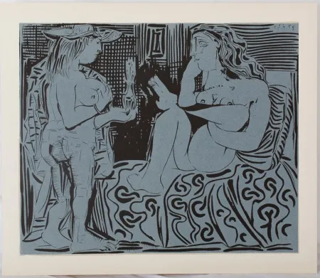 Linocut Picasso - Deux femmes au flacon de parfum