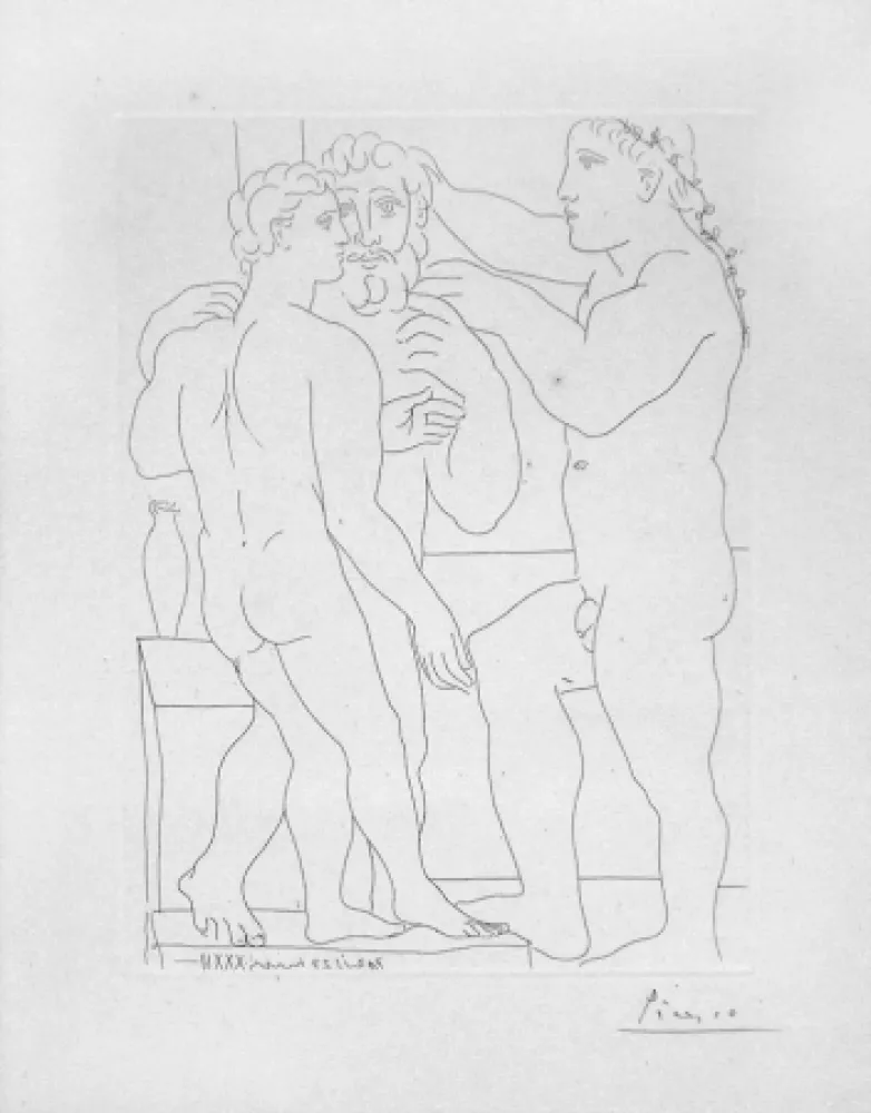 Etching Picasso - Deux hommes sculptes - Two male statues - Three Men Standing