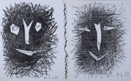 Lithograph Picasso - Deux Masques, 1963