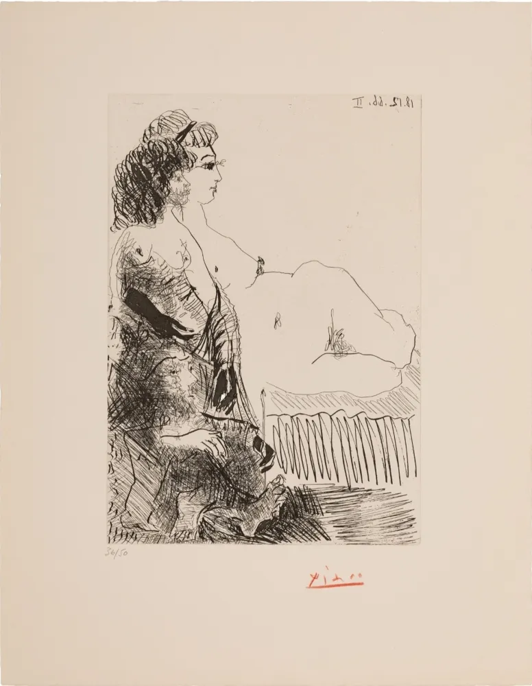 Aquatint Picasso - Femme au divan avec une jeune fille et un vieilliard assis
