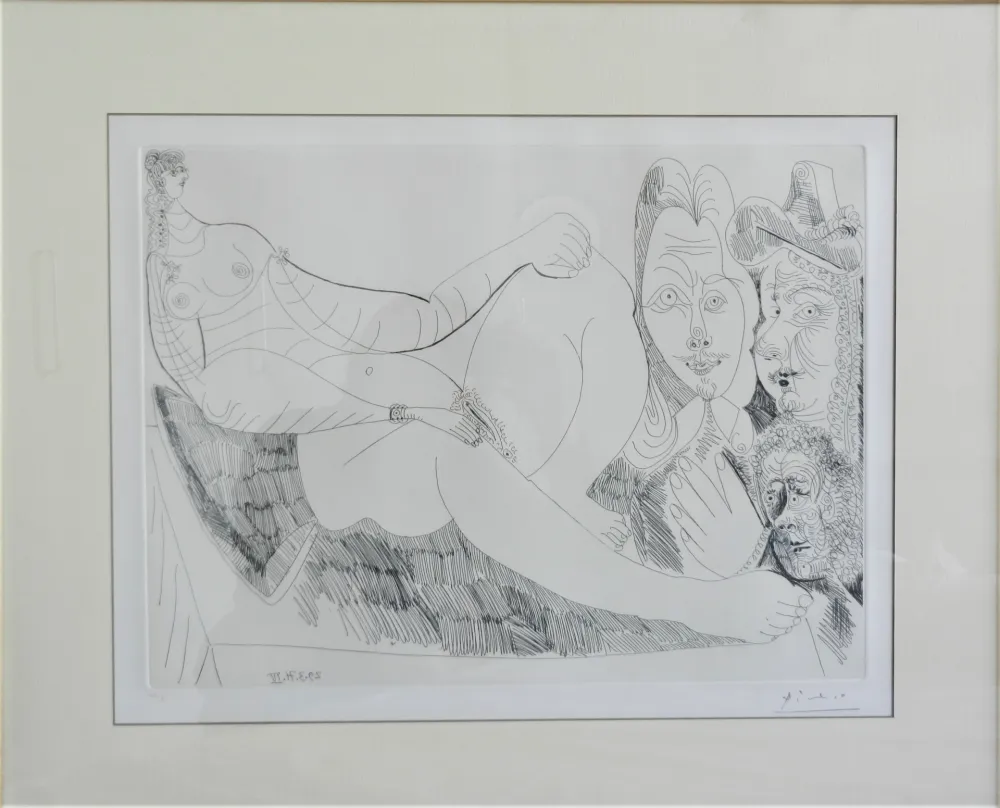 Engraving Picasso - Femme au Lit avec Visiteurs en Costume du XVII Siecle