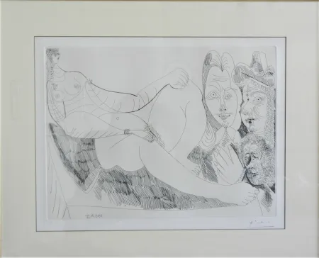 Engraving Picasso - Femme au Lit avec Visiteurs en Costume du XVII Siecle