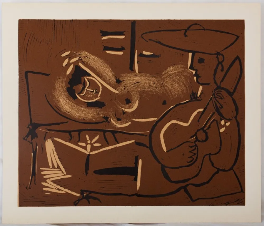 Linocut Picasso - Femme couchée et guitariste au chapeau