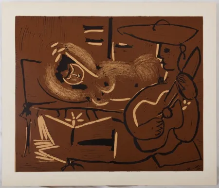 Linocut Picasso - Femme couchée et guitariste au chapeau