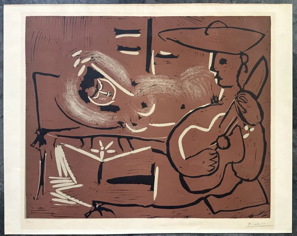 Linocut Picasso - FEMME COUCHÉE ET GUITARISTE. Linogravure originale signée (1959)