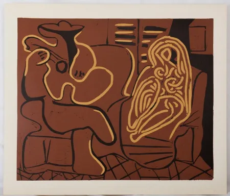 Linocut Picasso - Femme dans un fauteuil et guitariste