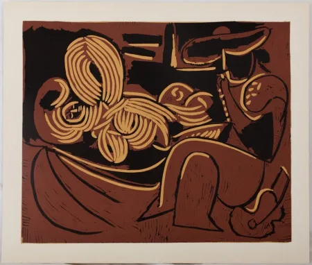 Linocut Picasso - Femme et joueur de guitare
