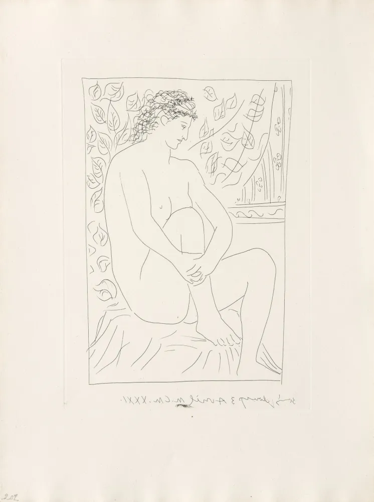Etching Picasso - Femme nue assise devant un rideau