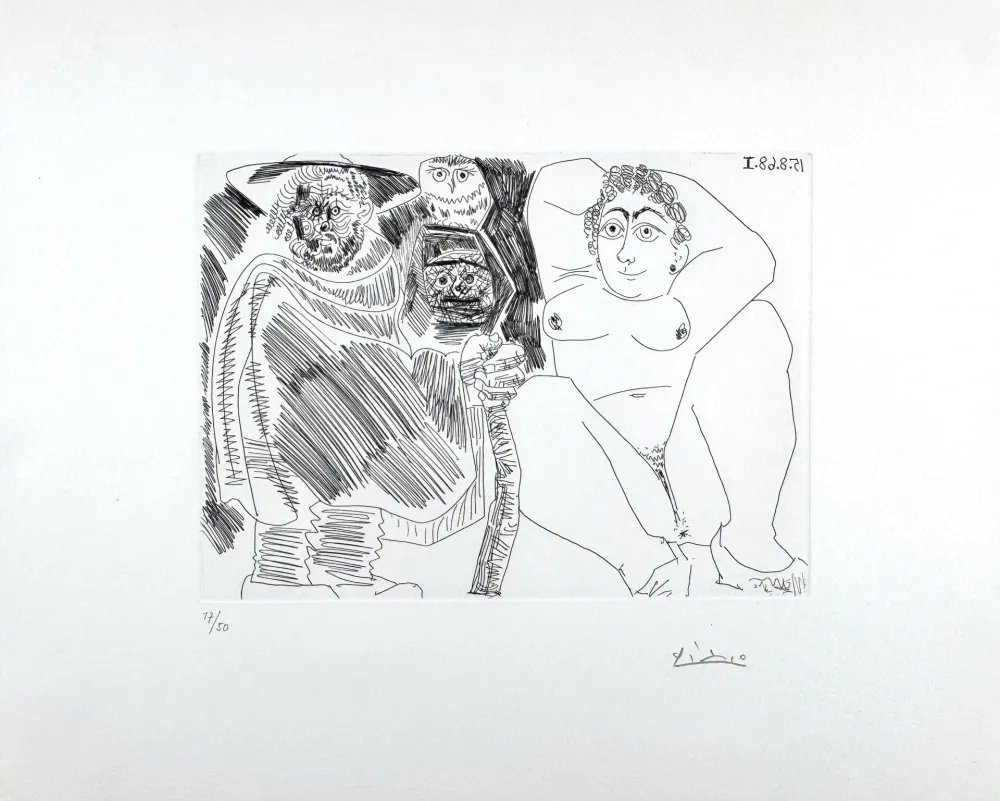 Engraving Picasso - Grosse Prostituée, Sorcière à la Chouette et Voyageur en Sabots 