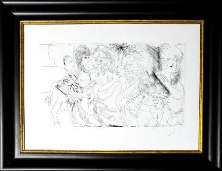 Engraving Picasso - Groupe avec vieillard à la torche sur un âne amoureux, femme et arlequin