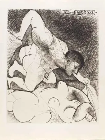 Drypoint Picasso - Hombre descubriendo una mujer