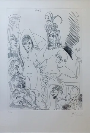 Engraving Picasso - Homme barbu songeant à une scène des Mille et une nuits, avec derrière lui des ancêtres réprobateurs