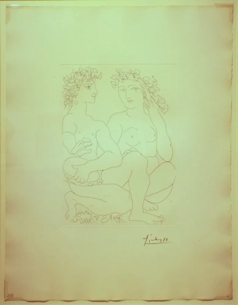 Etching Picasso - Jeune Couple,Accroupi,l'Homme avec un tambourin
