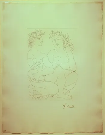 Etching Picasso - Jeune Couple,Accroupi,l'Homme avec un tambourin