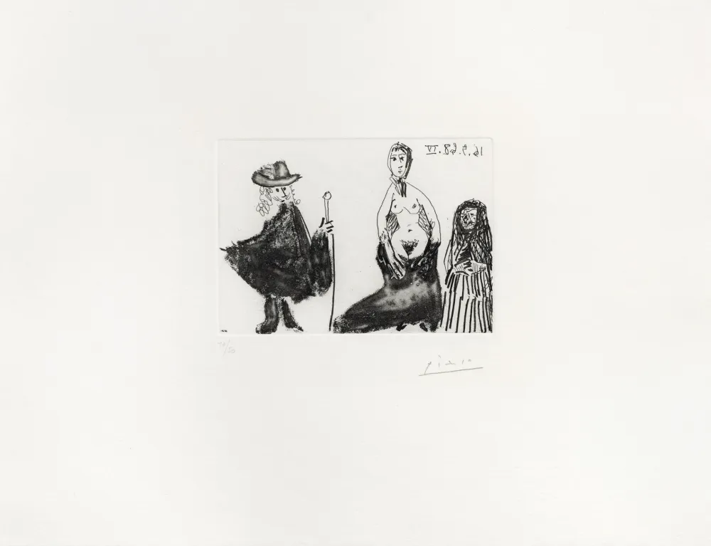 Etching Picasso - Jeune fille, Célestine, client et petit maître