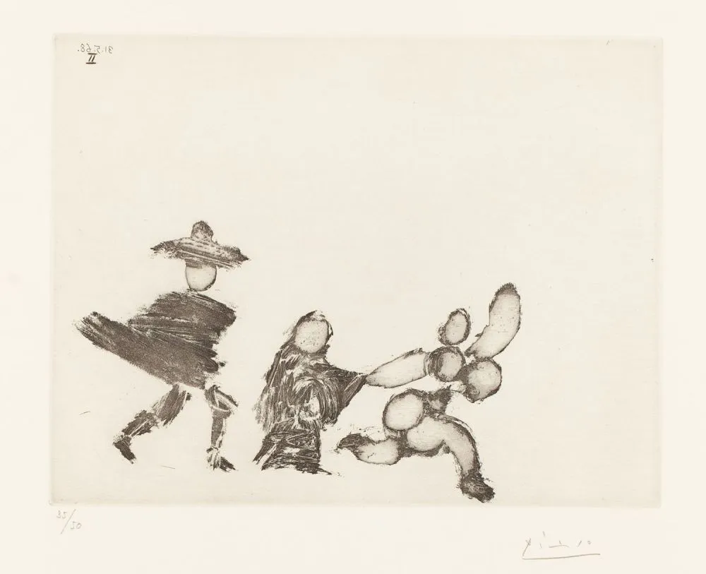 Engraving Picasso - Jeune fille fuyant, avec la célestine et un jeune homme