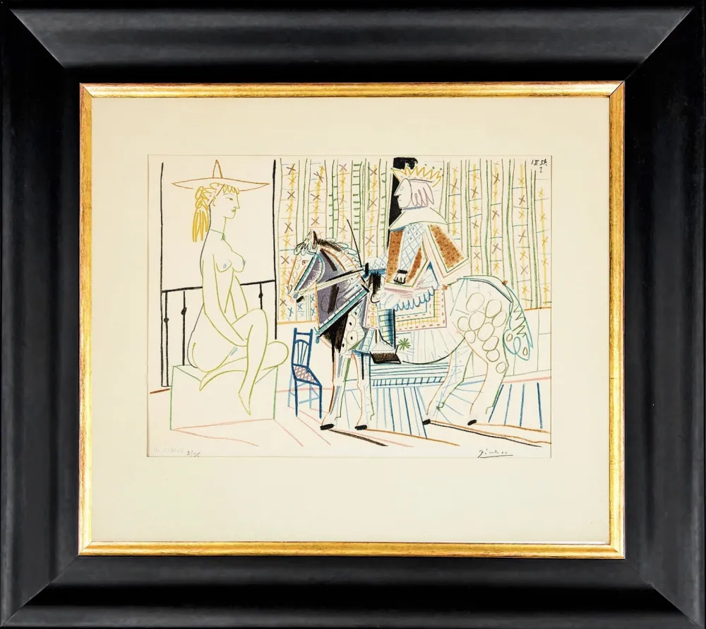 Lithograph Picasso - La Comedie Humaine: King on Horse with Sitting Nude