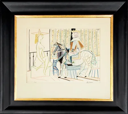 Lithograph Picasso - La Comedie Humaine: King on Horse with Sitting Nude