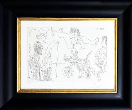 Etching Picasso -  Le Cocu Magnifique: Femme equilib­riste enlevee par un vieillard barbu a bicyclette devant le cocu et des spectateurs