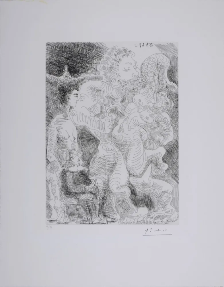 Engraving Picasso - Le peintre et son modèle imaginant une étreinte