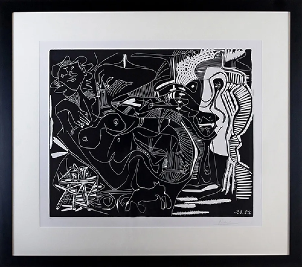 Linocut Picasso - Le Thé: Deux Femmes Nues et une Chat (B. 1851)