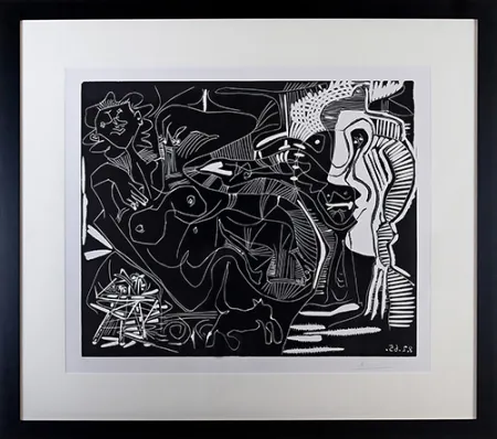 Linocut Picasso - Le Thé: Deux Femmes Nues et une Chat (B. 1851)