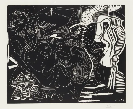 Linocut Picasso - Le Thé: Deux Femmes Nues et une Chat (The Tea: Two Naked Women and a Cat)