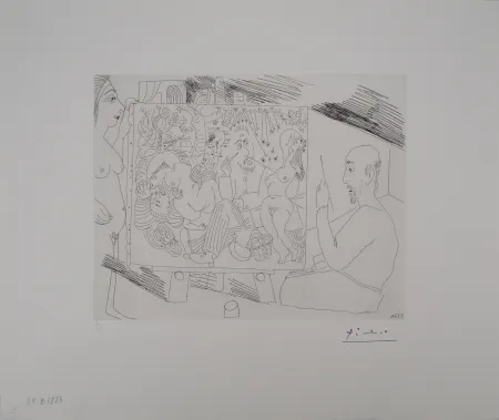 Etching Picasso - Les 156, planche 29 : Peintre dans son atelier peignant « Le Déjeuner sur l’herbe », avec un modèle